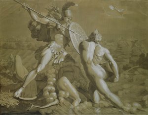 スキャマンダー川とのアキレスの戦い（紙に鉛筆で茶色と白のウォッシュ） 作： Philipp Otto Runge